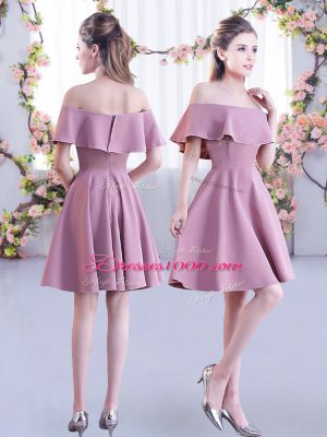 Scoop Half Sleeves Bridesmaid Dresses Mini Length Ruching Pink Chiffon