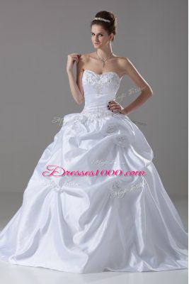 Best White Sweetheart Lace Up Embroidery and Pick Ups and Hand Made Flower Wedding Gown Brush Train Sleeveless
