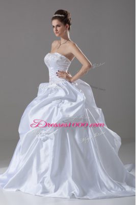 Best White Sweetheart Lace Up Embroidery and Pick Ups and Hand Made Flower Wedding Gown Brush Train Sleeveless