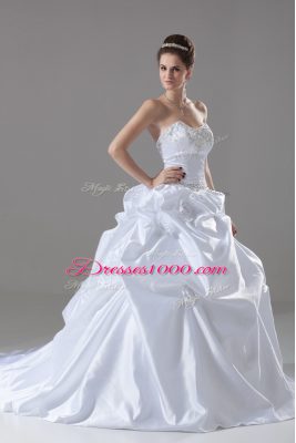 Best White Sweetheart Lace Up Embroidery and Pick Ups and Hand Made Flower Wedding Gown Brush Train Sleeveless