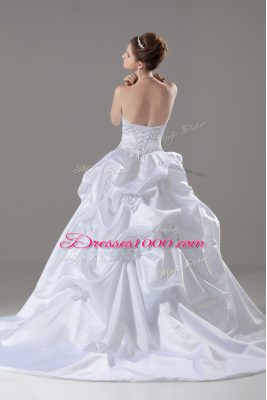 Best White Sweetheart Lace Up Embroidery and Pick Ups and Hand Made Flower Wedding Gown Brush Train Sleeveless