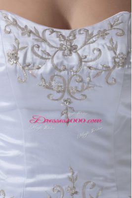 Best White Sweetheart Lace Up Embroidery and Pick Ups and Hand Made Flower Wedding Gown Brush Train Sleeveless