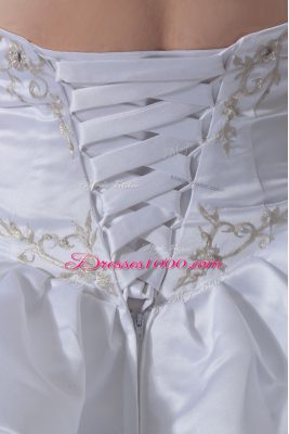 Best White Sweetheart Lace Up Embroidery and Pick Ups and Hand Made Flower Wedding Gown Brush Train Sleeveless