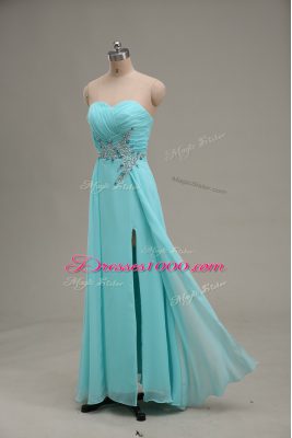 Floor Length Zipper Homecoming Dress Aqua Blue for Prom and Party and Military Ball with Appliques and Ruching