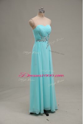 Floor Length Zipper Homecoming Dress Aqua Blue for Prom and Party and Military Ball with Appliques and Ruching