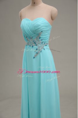 Floor Length Zipper Homecoming Dress Aqua Blue for Prom and Party and Military Ball with Appliques and Ruching