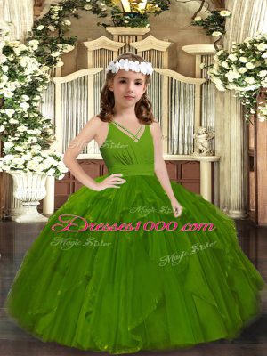 Tulle Straps Sleeveless Zipper Ruffles Party Dresses in Olive Green