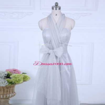 Sweet Tulle Halter Top Sleeveless Zipper Ruching Wedding Party Dress in Grey