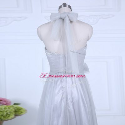 Sweet Tulle Halter Top Sleeveless Zipper Ruching Wedding Party Dress in Grey