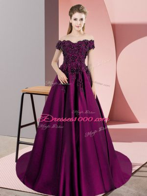 Free and Easy Purple Quinceanera Gowns Party and Sweet 16 and Wedding Party with Lace Off The Shoulder Sleeveless Court Train Zipper