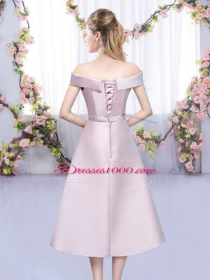 Baby Pink A-line Satin Off The Shoulder Sleeveless Bowknot Tea Length Lace Up Quinceanera Court of Honor Dress