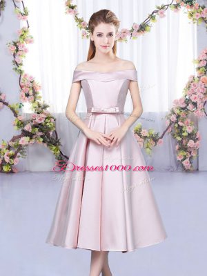 Baby Pink A-line Satin Off The Shoulder Sleeveless Bowknot Tea Length Lace Up Quinceanera Court of Honor Dress