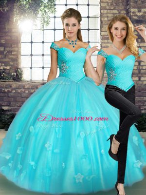 Hot Sale Off The Shoulder Sleeveless Lace Up Quince Ball Gowns Aqua Blue Tulle