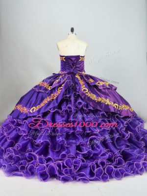 Embroidery and Ruffled Layers Quince Ball Gowns Purple Lace Up Sleeveless Brush Train