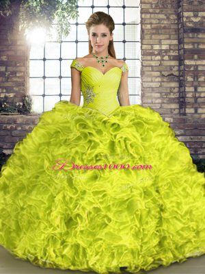 Yellow Green Ball Gowns Off The Shoulder Sleeveless Organza Floor Length Lace Up Beading and Ruffles Quinceanera Gowns