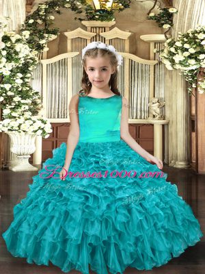 Aqua Blue Lace Up Scoop Ruffles Pageant Gowns For Girls Organza Sleeveless