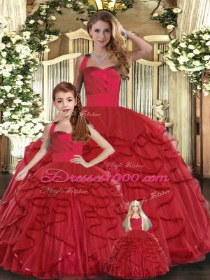 Dramatic Red Tulle Lace Up Vestidos de Quinceanera Sleeveless Floor Length Ruffles