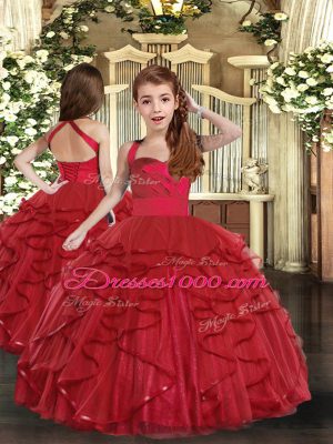 Dramatic Red Tulle Lace Up Vestidos de Quinceanera Sleeveless Floor Length Ruffles