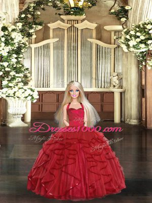 Dramatic Red Tulle Lace Up Vestidos de Quinceanera Sleeveless Floor Length Ruffles