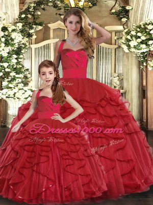 Dramatic Red Tulle Lace Up Vestidos de Quinceanera Sleeveless Floor Length Ruffles