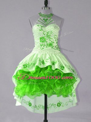 Graceful Green Halter Top Neckline Embroidery and Ruffles Club Wear Sleeveless Lace Up