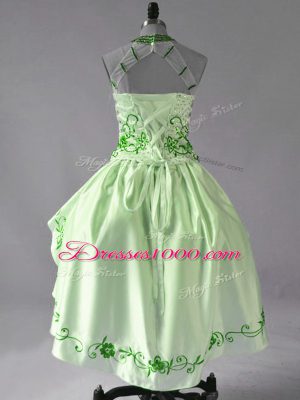 Graceful Green Halter Top Neckline Embroidery and Ruffles Club Wear Sleeveless Lace Up