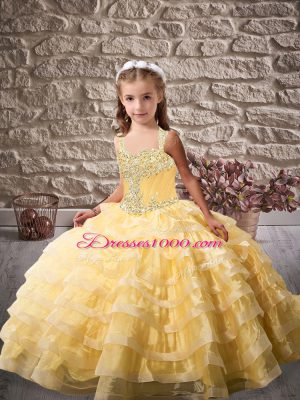 Charming Sleeveless Tulle Brush Train Lace Up Little Girls Pageant Dress in Gold with Beading and Ruffled Layers