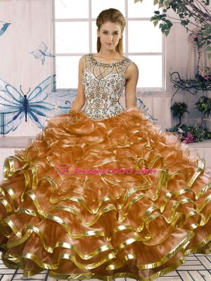 Traditional Brown Ball Gowns Scoop Sleeveless Organza Floor Length Lace Up Beading and Ruffles Quince Ball Gowns