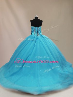 Elegant Aqua Blue Ball Gowns Tulle Sweetheart Sleeveless Beading Lace Up Vestidos de Quinceanera Court Train