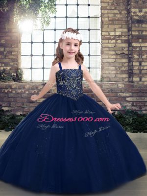 Navy Blue Sleeveless Tulle Lace Up Pageant Dress Toddler for Party and Military Ball and Wedding Party