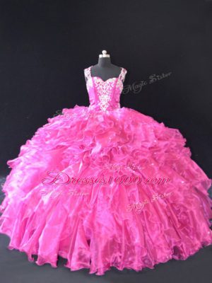 Custom Design Fuchsia Ball Gowns Straps Sleeveless Organza Floor Length Lace Up Beading and Ruffles Ball Gown Prom Dress