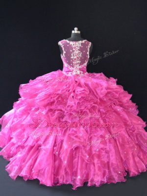 Custom Design Fuchsia Ball Gowns Straps Sleeveless Organza Floor Length Lace Up Beading and Ruffles Ball Gown Prom Dress