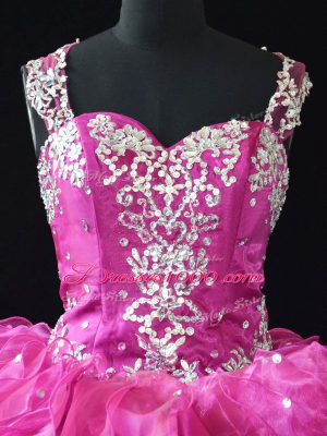 Custom Design Fuchsia Ball Gowns Straps Sleeveless Organza Floor Length Lace Up Beading and Ruffles Ball Gown Prom Dress