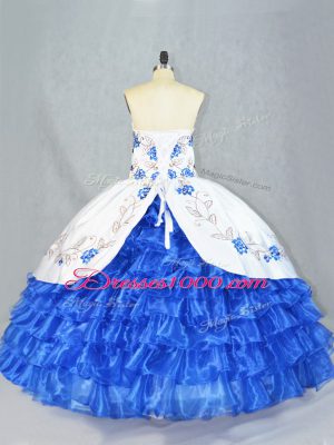 Classical Blue And White Organza Lace Up Sweet 16 Quinceanera Dress Sleeveless Asymmetrical Embroidery and Ruffled Layers