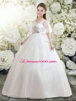 Designer White Straps Lace Up Beading and Appliques Wedding Gown Half Sleeves