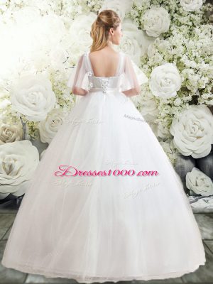 Designer White Straps Lace Up Beading and Appliques Wedding Gown Half Sleeves