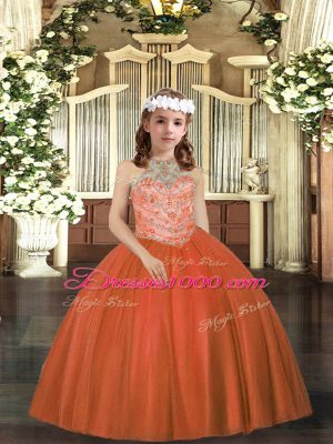 Cheap Rust Red Kids Pageant Dress Party and Sweet 16 and Wedding Party with Beading Halter Top Sleeveless Lace Up