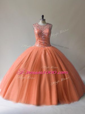 Pretty Orange Tulle Lace Up Scoop Sleeveless Floor Length Sweet 16 Quinceanera Dress Beading