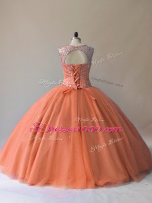 Pretty Orange Tulle Lace Up Scoop Sleeveless Floor Length Sweet 16 Quinceanera Dress Beading