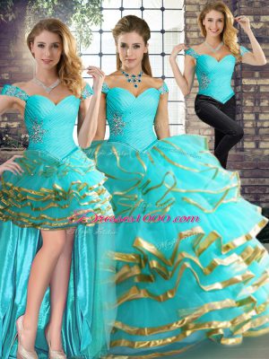 Tulle Off The Shoulder Sleeveless Lace Up Beading and Ruffled Layers 15th Birthday Dress in Aqua Blue
