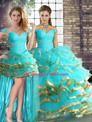 Tulle Off The Shoulder Sleeveless Lace Up Beading and Ruffled Layers 15th Birthday Dress in Aqua Blue