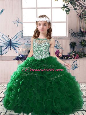 Dark Green Sleeveless Floor Length Beading and Ruffles Lace Up Pageant Gowns For Girls