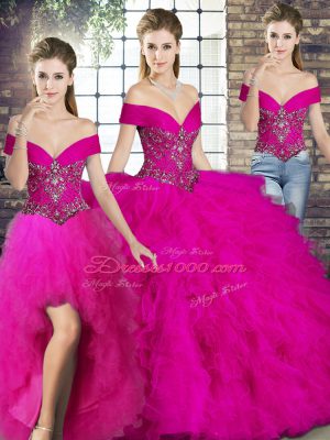 New Style Fuchsia Three Pieces Off The Shoulder Sleeveless Tulle Floor Length Lace Up Beading and Ruffles Vestidos de Quinceanera