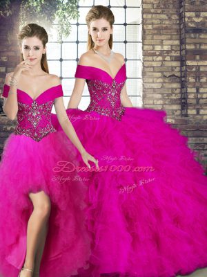 New Style Fuchsia Three Pieces Off The Shoulder Sleeveless Tulle Floor Length Lace Up Beading and Ruffles Vestidos de Quinceanera