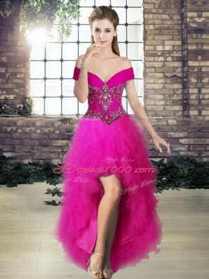 New Style Fuchsia Three Pieces Off The Shoulder Sleeveless Tulle Floor Length Lace Up Beading and Ruffles Vestidos de Quinceanera