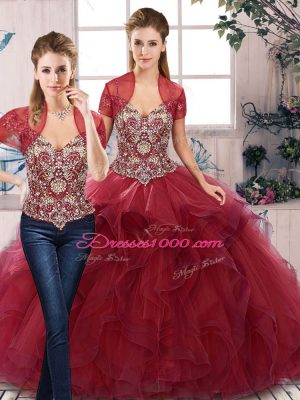 Adorable Burgundy Sleeveless Floor Length Beading and Ruffles Lace Up Sweet 16 Dresses