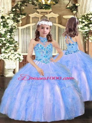 Halter Top Sleeveless Pageant Gowns For Girls Floor Length Appliques and Ruffles Blue Tulle