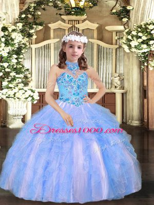 Halter Top Sleeveless Pageant Gowns For Girls Floor Length Appliques and Ruffles Blue Tulle