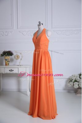 Exceptional Orange Zipper Halter Top Ruching Damas Dress Chiffon Sleeveless