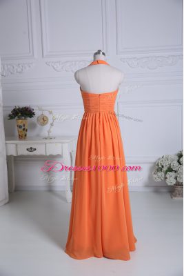 Exceptional Orange Zipper Halter Top Ruching Damas Dress Chiffon Sleeveless